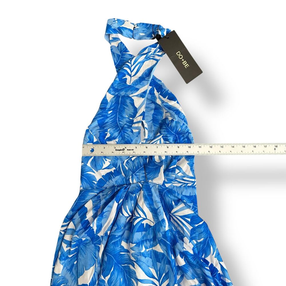 DO+BE NWT Tropical Halter Mini Dress Blue White Leaf Print Back Tie Medium - Picture 3 of 11